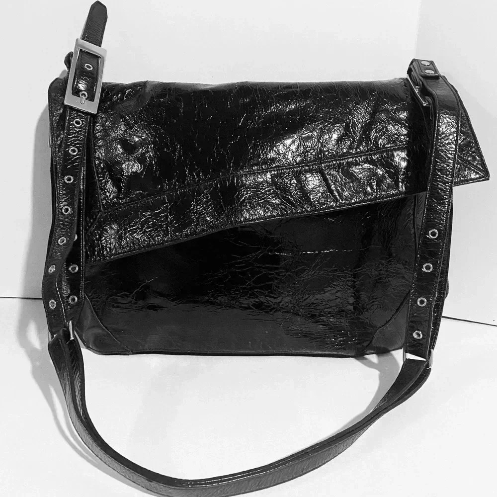 Kooba black leather patent leather shoulder handbag
